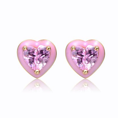 Teens 14k Yellow Gold Plated with Pink Cubic Zirconia and Pink Enamel Halo Heart Stud Earrings