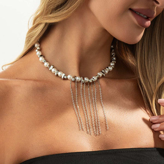 Pearl & Pearl Silvertone Irregular Bead Chain Tassel Necklace
