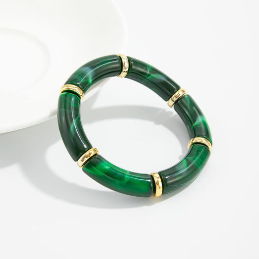 Green Resin & Goldtone Sequin Joint Stretch Bracelet