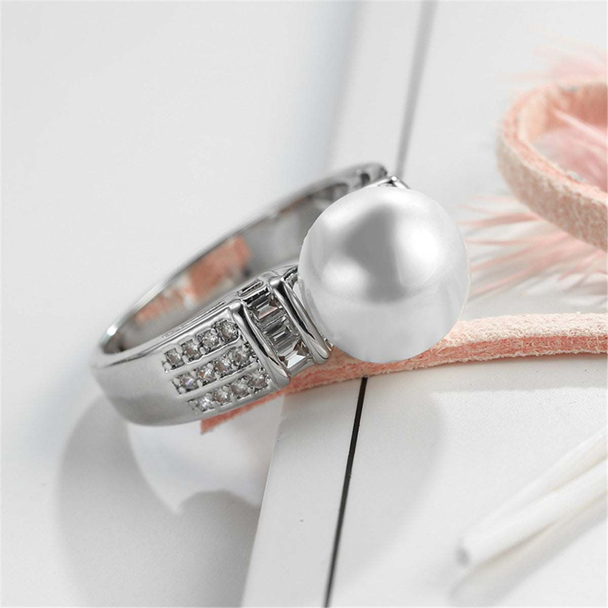 Pearl & Cubic Zirconia Silvertone Pavé Ring-3