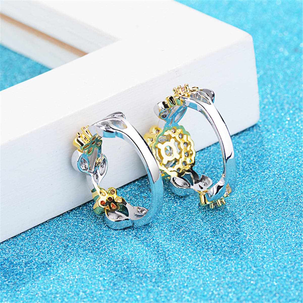 Cubic Zirconia & Two-Tone Flower Band Ring Set-5