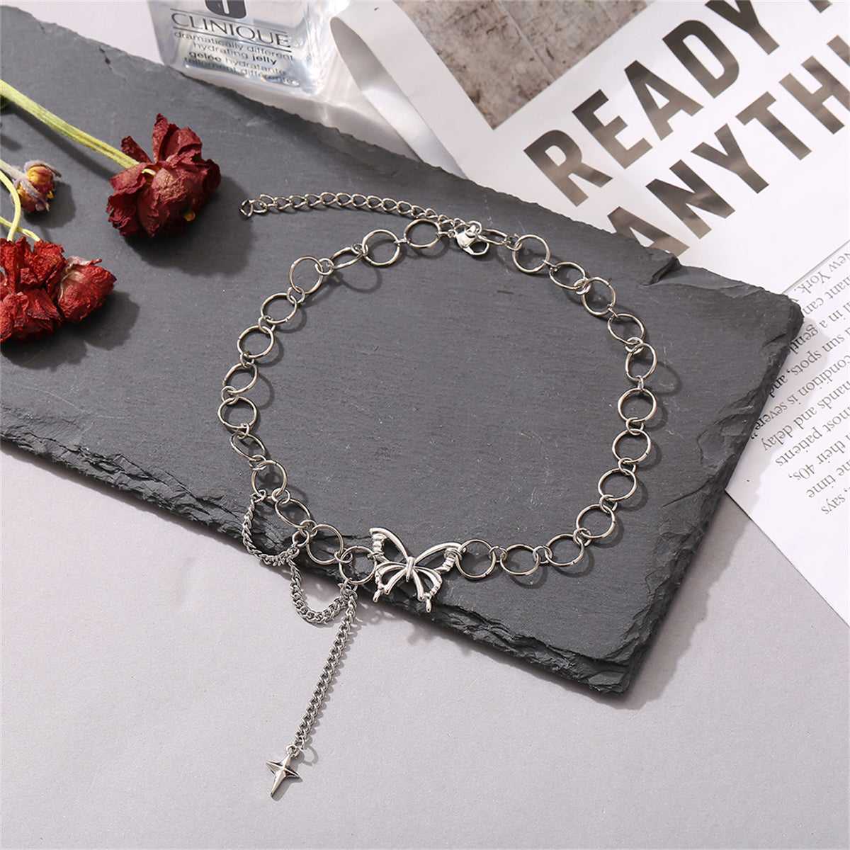 Silvertone Butterfly & Cross Pendant Choker