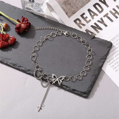 Silvertone Butterfly & Cross Pendant Choker