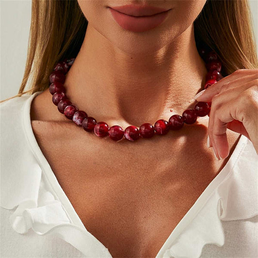 Wine Red Resin & Silvertone Beaded Collar Necklace