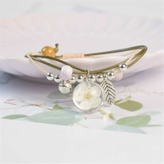 Peach Blossom & Silvertone Bell Charm Bracelet