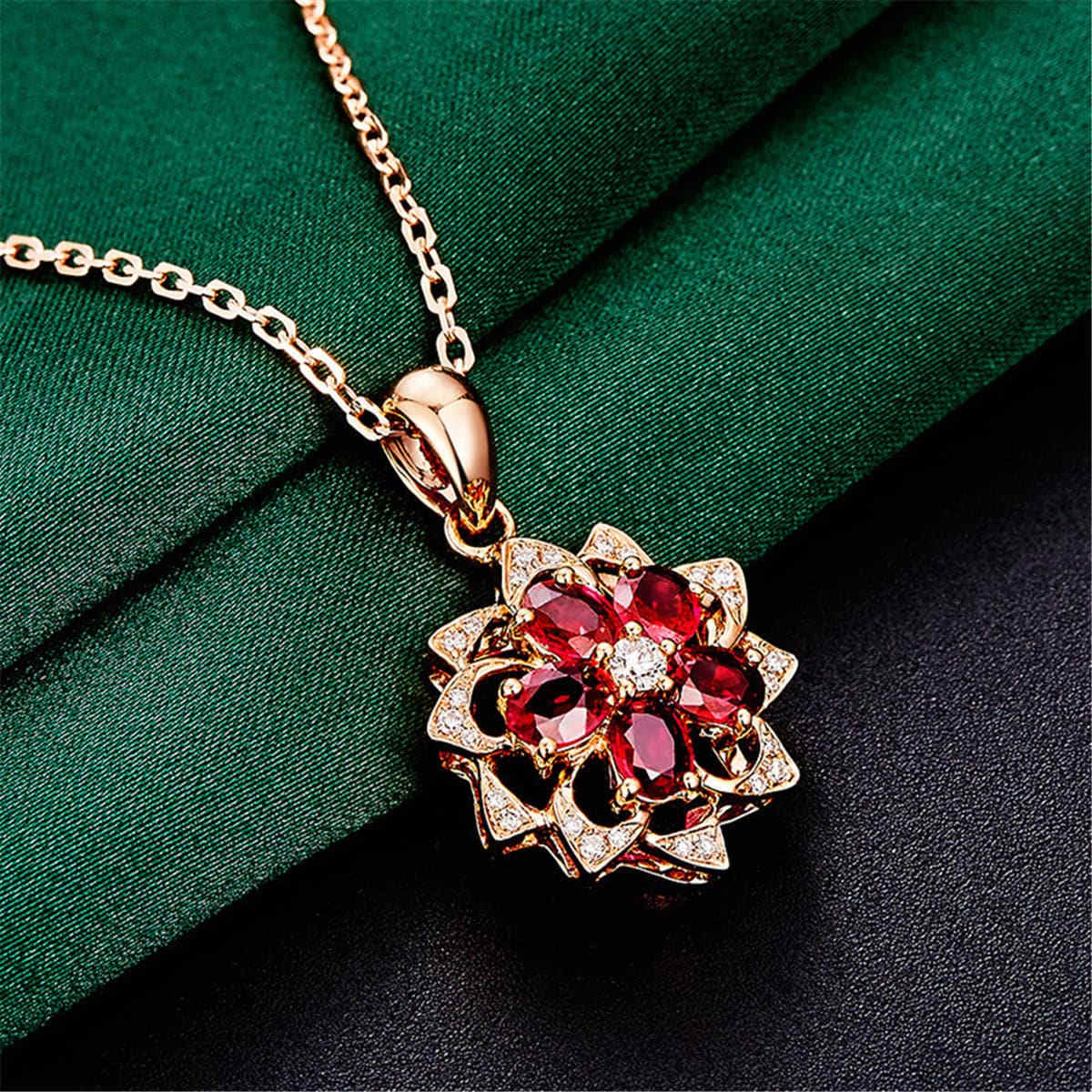Red Cubic Zirconia & Rose Goldtone Flower Pendant Necklace
