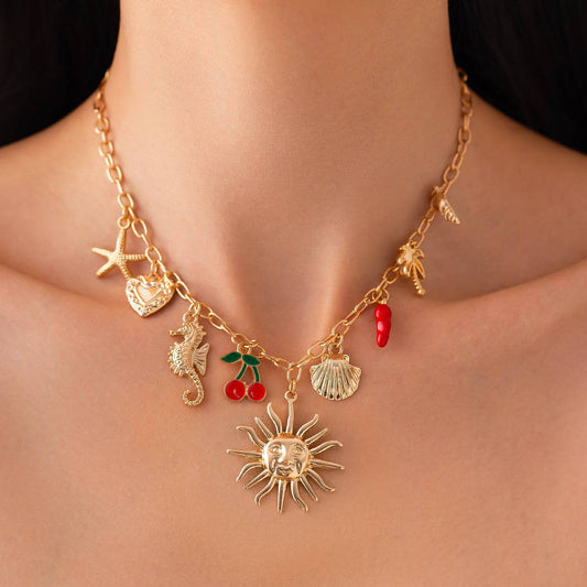Red Enamel & Goldtone Sea Lives Sun Pepper Pendant Collar Necklace