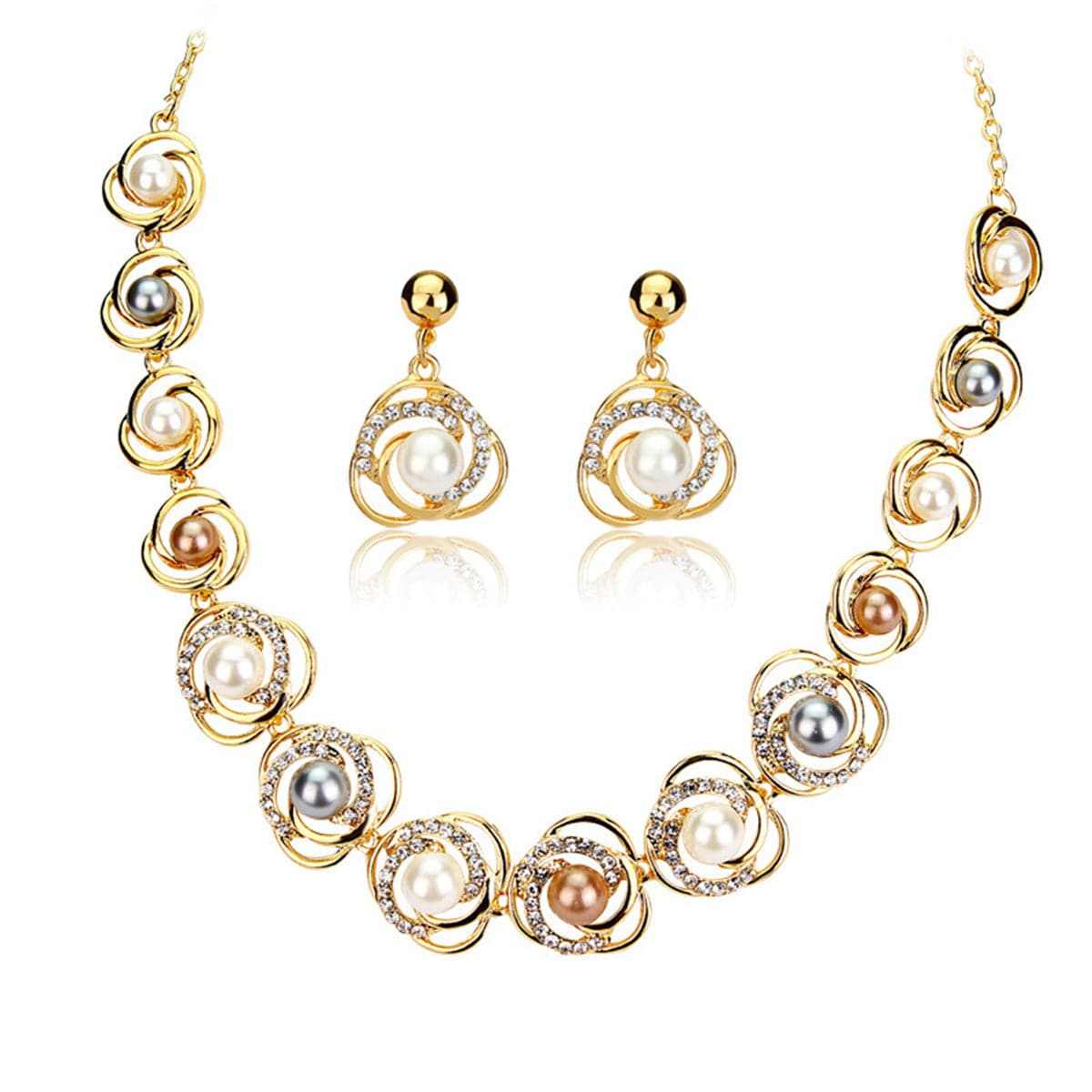 Cubic Zirconia & Pearl Goldtone Flower Drop Earrings & Station Necklace