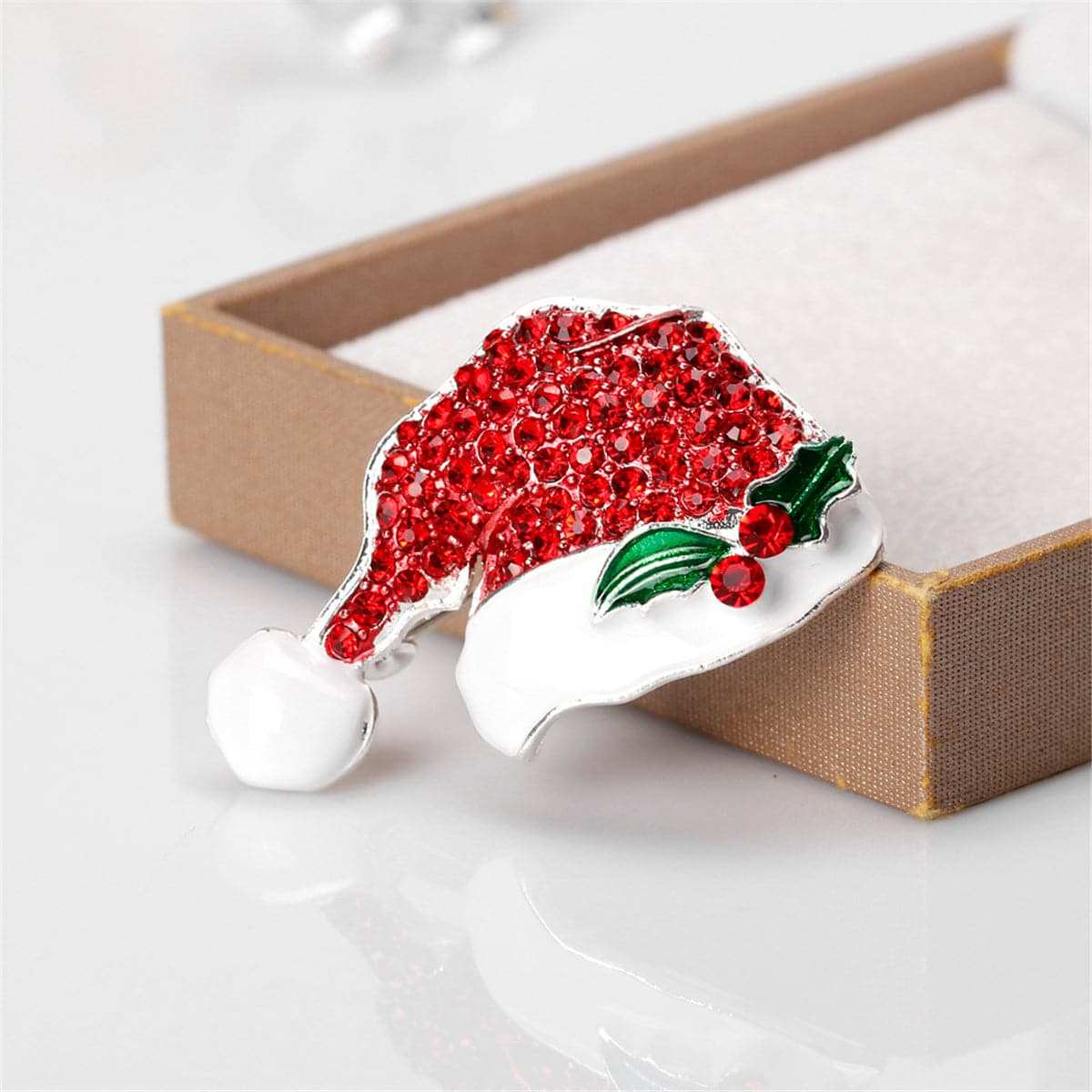 Cubic Zirconia & Enamel Silvertone Santa Hat Brooch