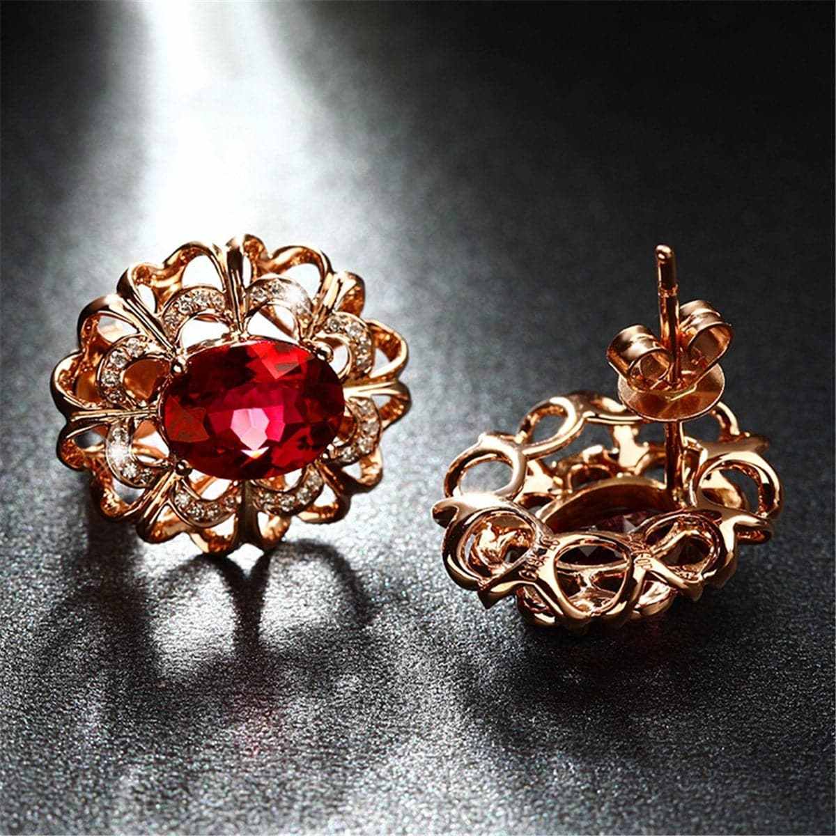 Red Crystal & Cubic Zirconia Rose Goldtone Floral Stud Earrings