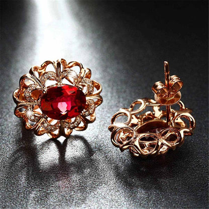 Red Crystal & Cubic Zirconia Rose Goldtone Floral Stud Earrings