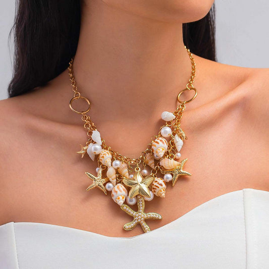 Pearl & Goldtone Starfish Conch Cluster Statement Necklace