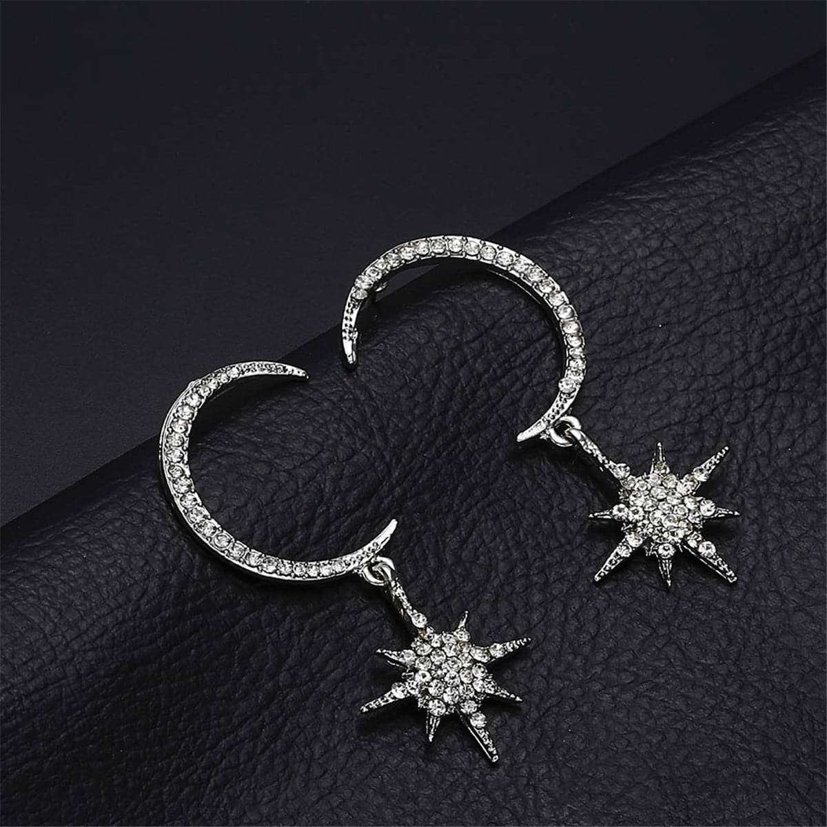 Cubic Zirconia & Silvertone Linking Moon & Star Drop Earrings