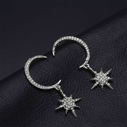 Cubic Zirconia & Silvertone Linking Moon & Star Drop Earrings