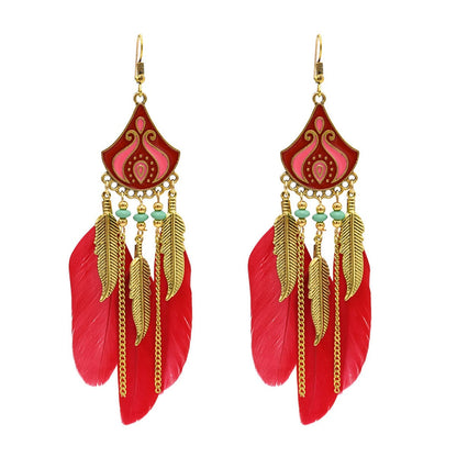 Red Feather & Enamel Turquoise Tassel Dangle Earring