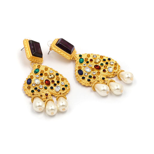 Pearl & Multicolor Crystal Goldtone Abstract Heart Drop Earrings