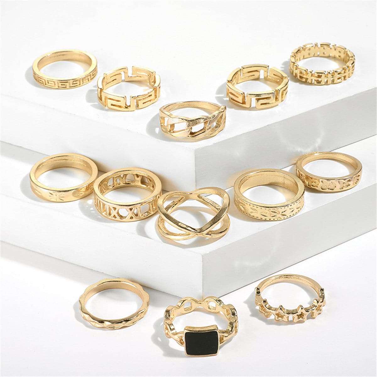 Black Enamel & Goldtone Square Openwork-Band Ring Set