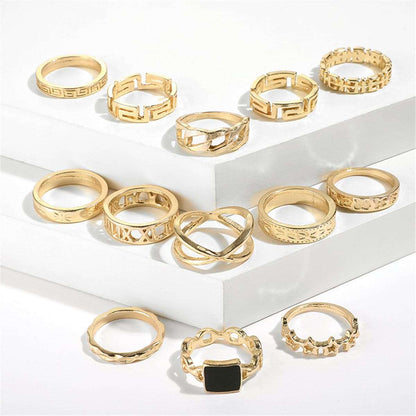 Black Enamel & Goldtone Square Openwork-Band Ring Set
