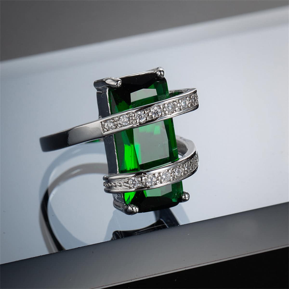 Green Crystal & Cubic Zirconia Pavé Wrap Emerald-Cut Ring-1