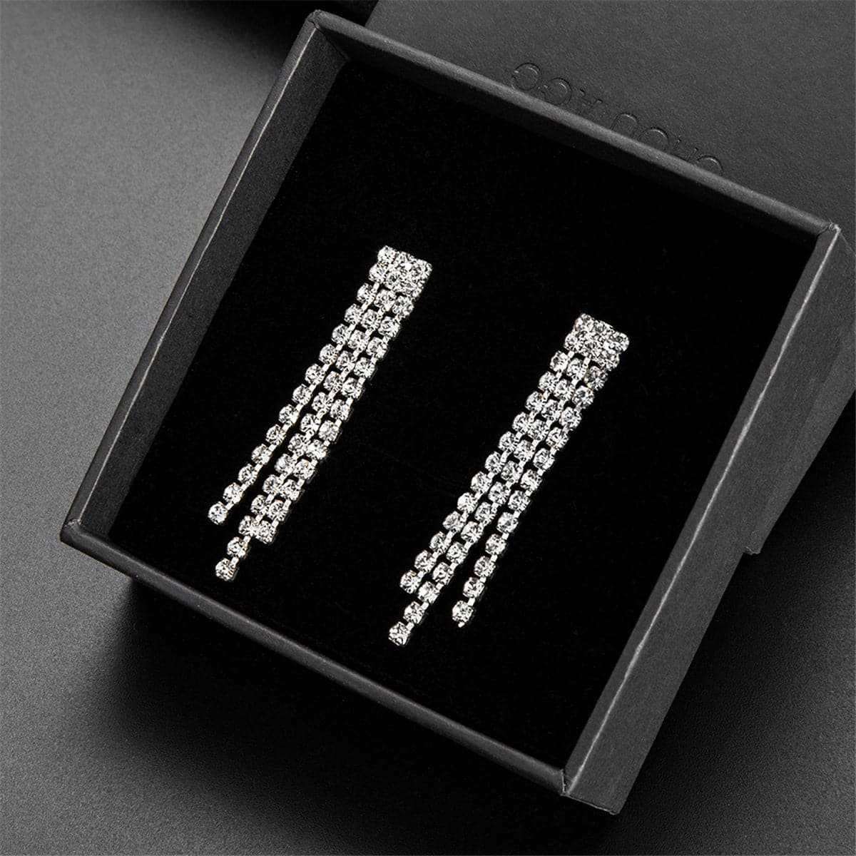 Cubic Zirconia & Silvertone Linear Drop Earrings & Necklace