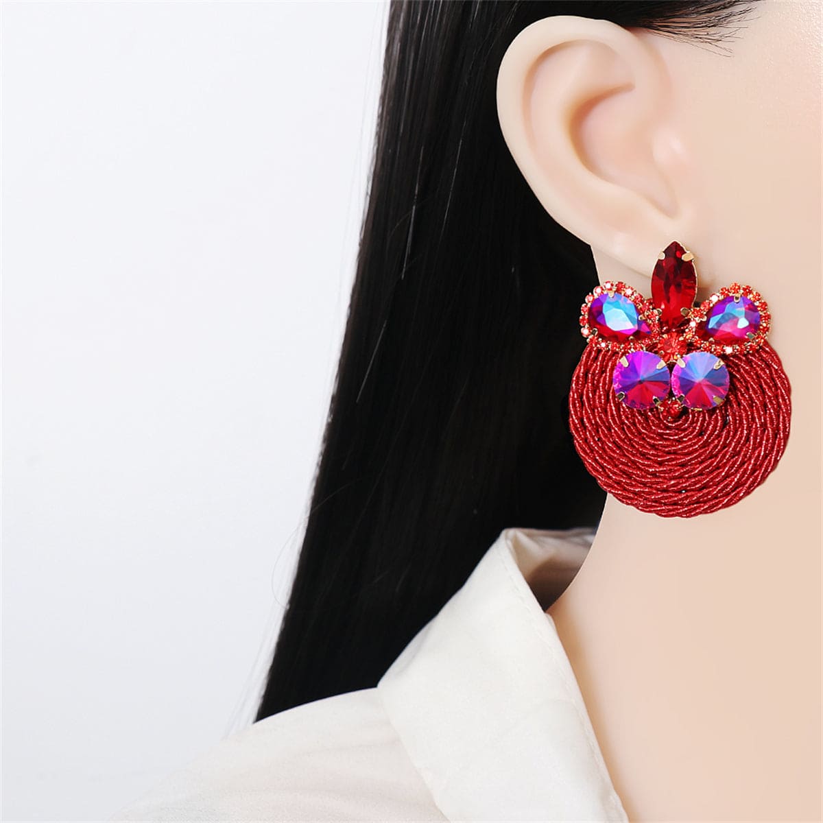 Red Cubic Zirconia & Goldtone Butterfly Round Drop Earrings