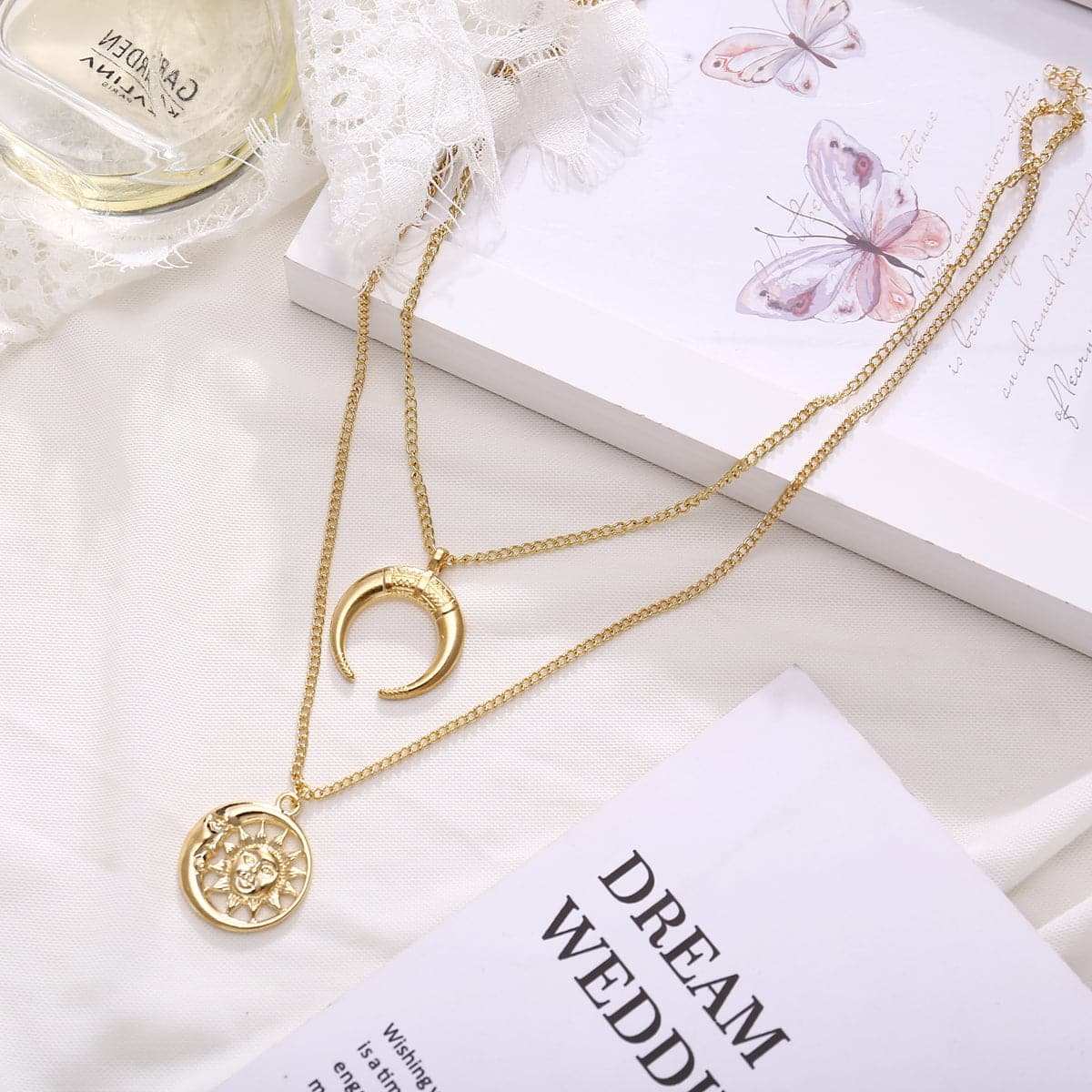 Goldtone Moon & Sun Layer Pendant Necklace