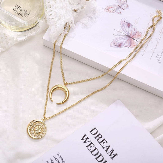 Goldtone Moon & Sun Layer Pendant Necklace