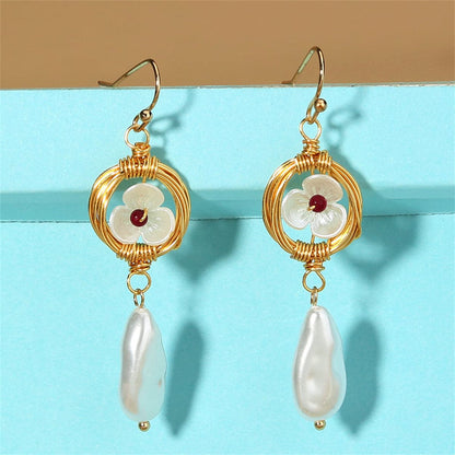 Pearl & Acrylic Goldtone Flower Two-Tier Drop Earrings