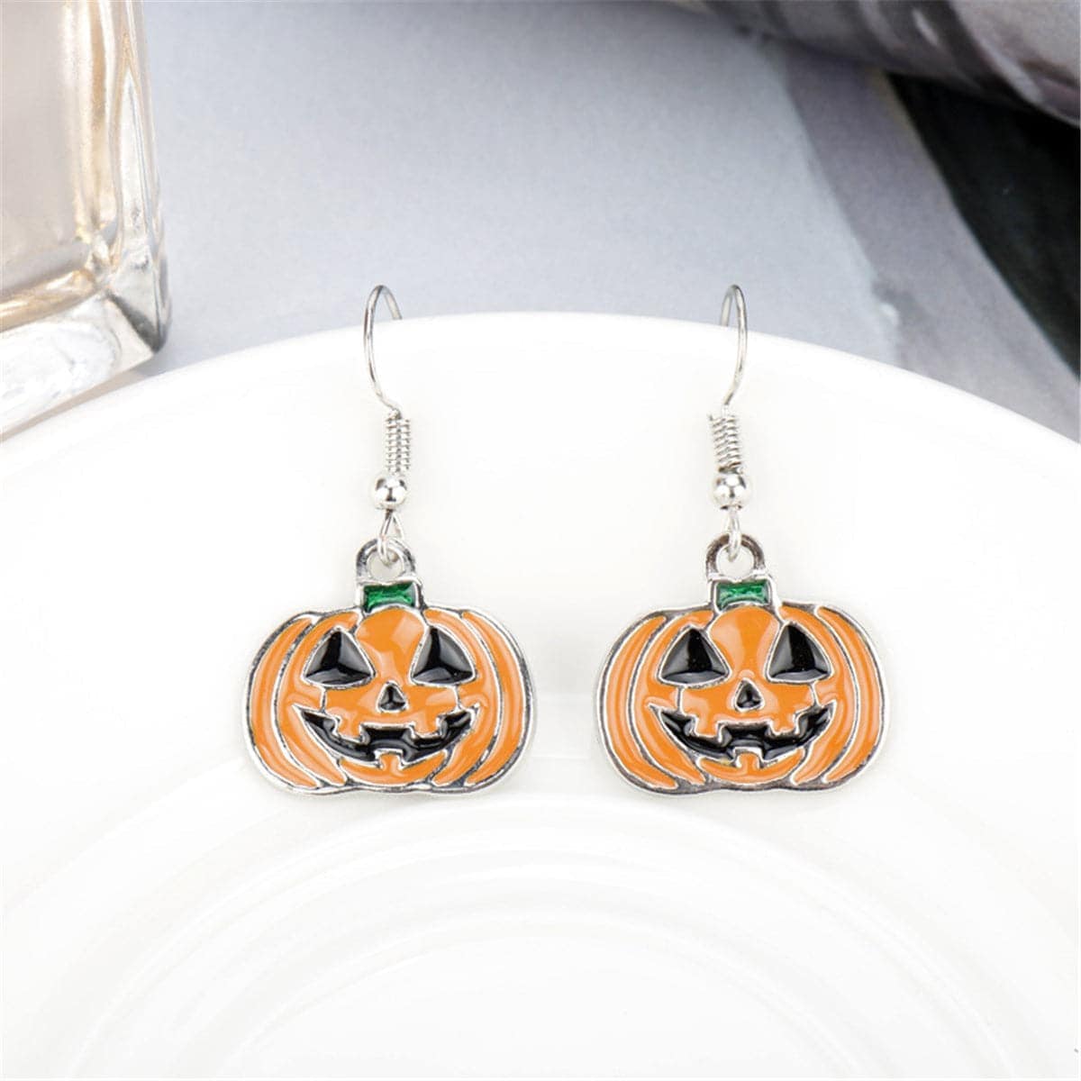 Silvertone & Orange Enamel Pumpkin Drop Earrings