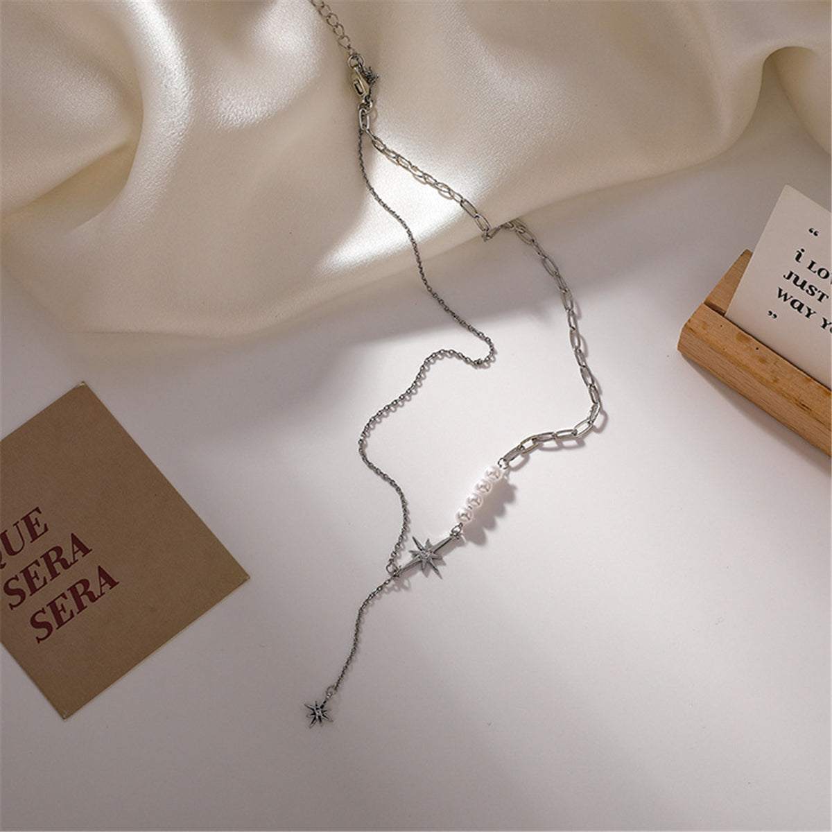Pearl & Cubic Zirconia Silvertone Star Pendant Necklace