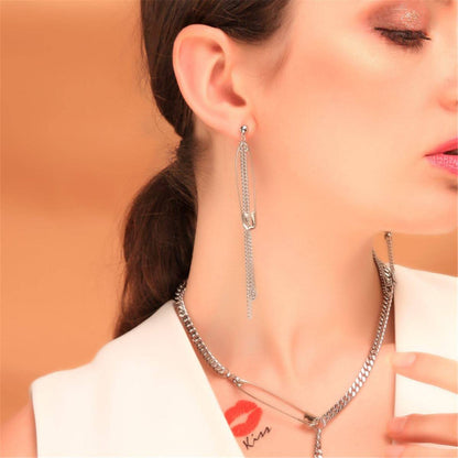 Silvertone Pin Tassel Drop Earrings