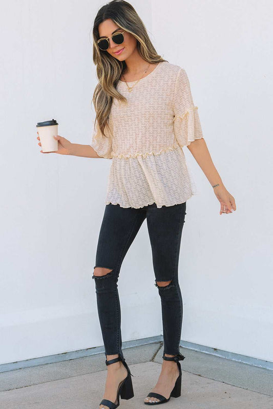 Threaded Pear Oaklyn Textured Ruffled Short Sleeve Blouse