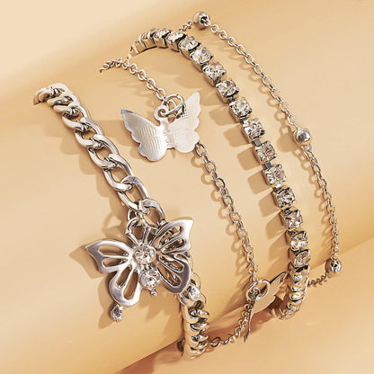 Cubic Zirconia & Silvertone Butterfly Charm Anklet Set