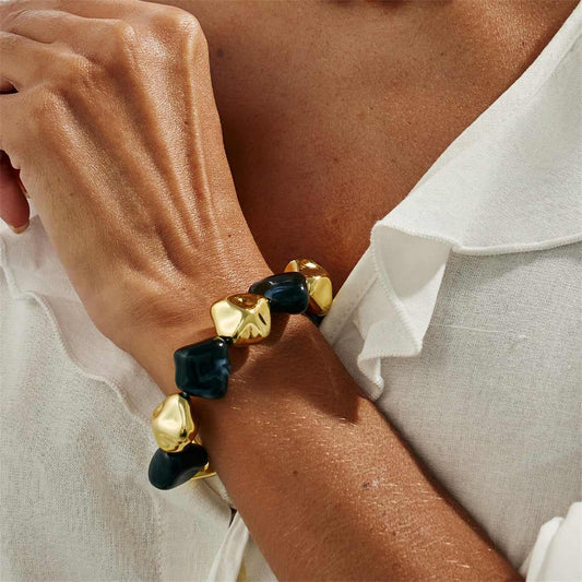 Black Resin & Goldtone Irregular Beads Station Stretch Bracelet