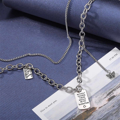 Silvertone Butterfly 'Change' Layered Pendant Necklace