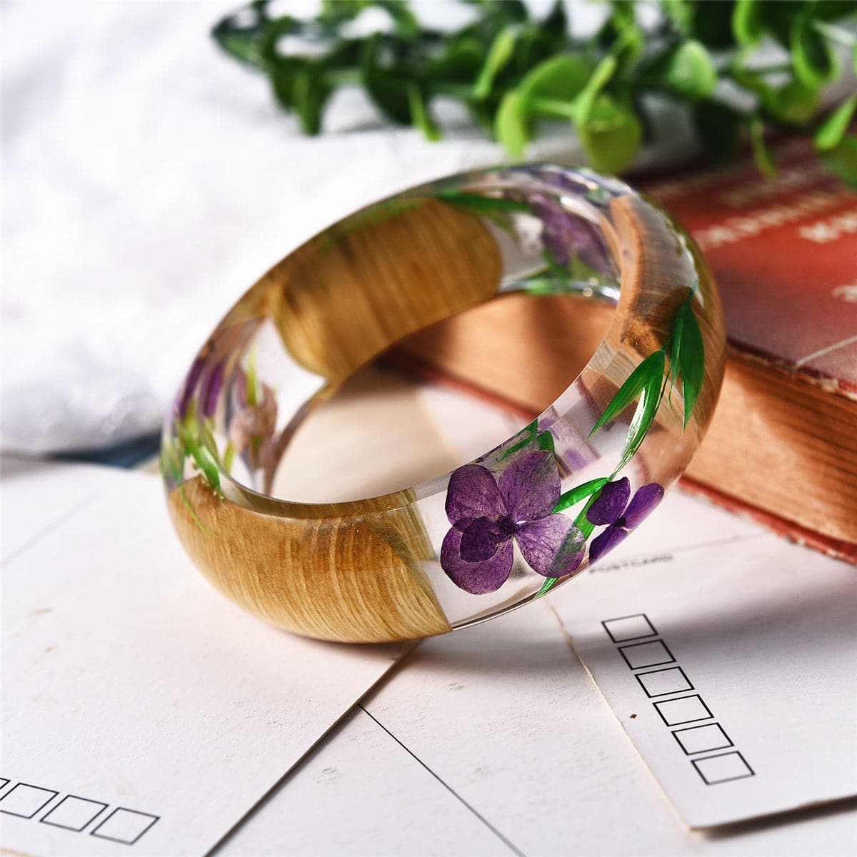 Purple Dried Flower Wooden Bangle-3