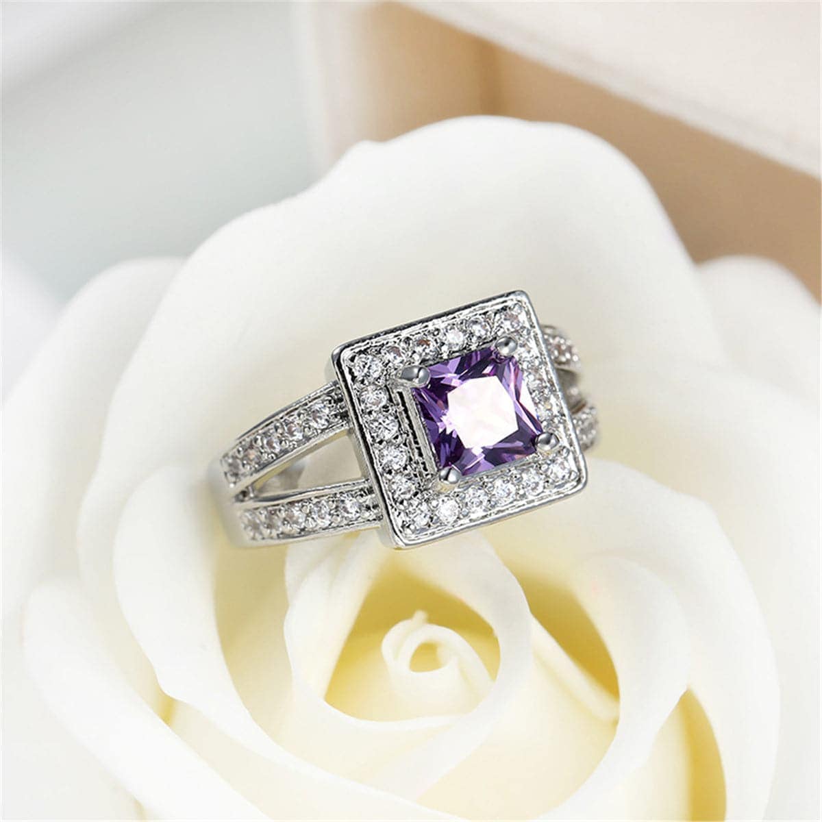 Purple Crystal & Cubic Zirconia Silvertone Halo Princess-Cut Ring