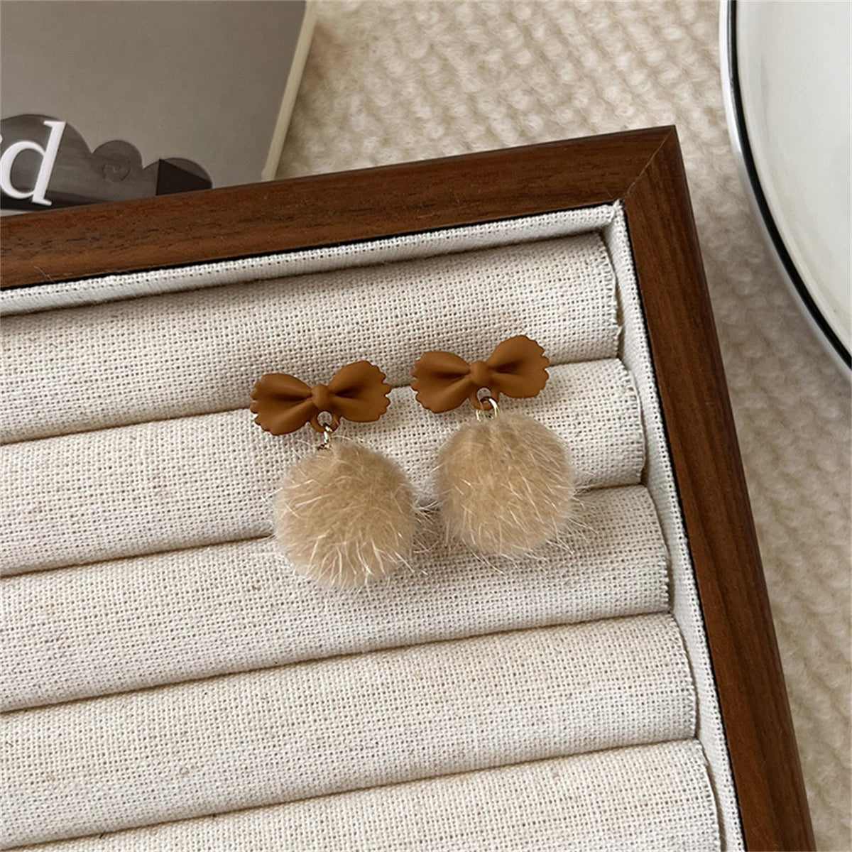 Coffee Enamel & Pompom Goldtone Bow Ball Dangle Earring