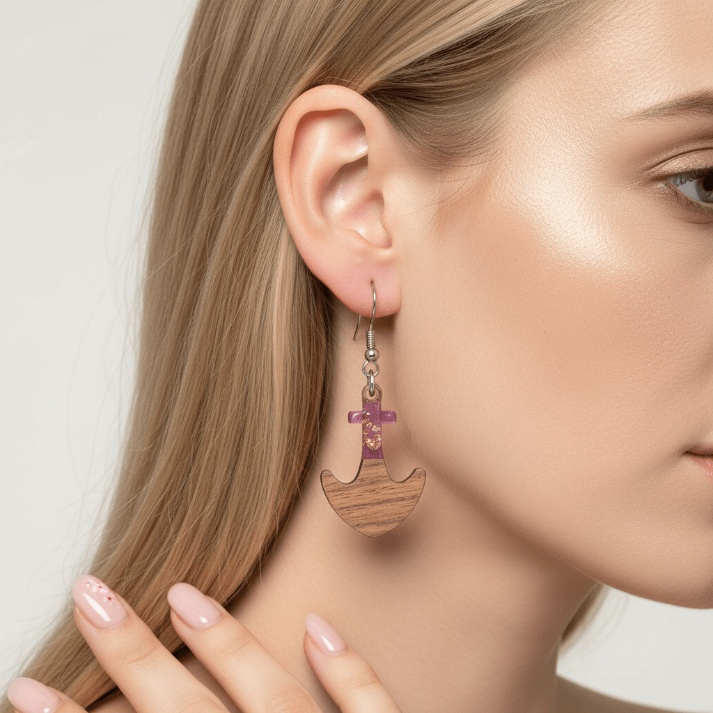 Purple Resin & Wood Silvertone Anchor Hook Earrings