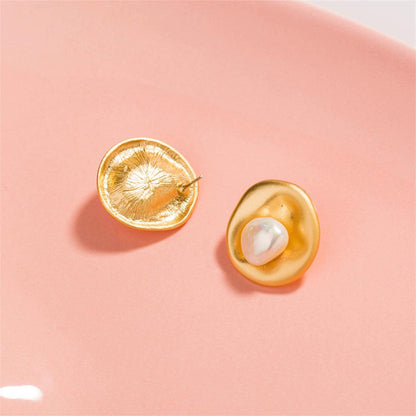 Pearl & Goldtone Hammered Circle Stud Earrings
