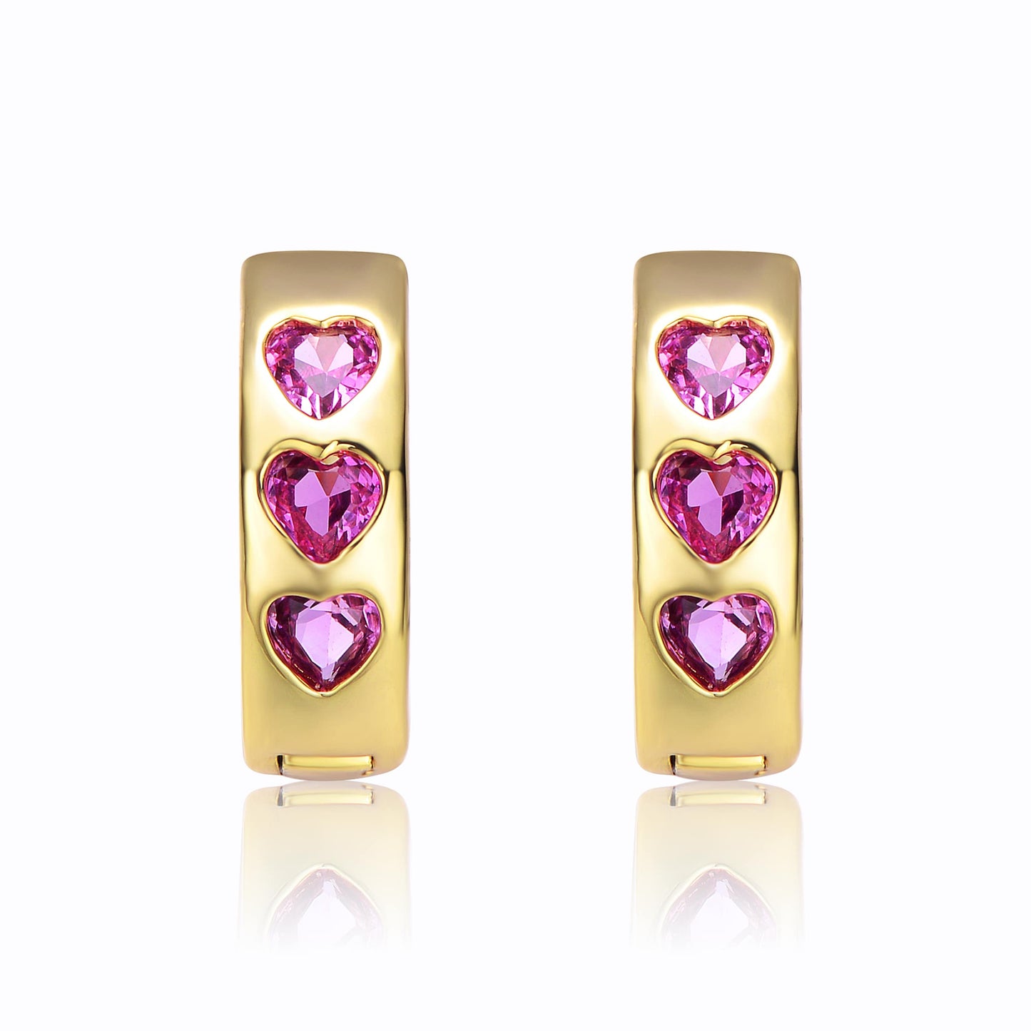 Kids/Teens 14k Yellow Gold Plated with Heart Pink Cubic Zirconia Triple Stone Round Hoop Earrings