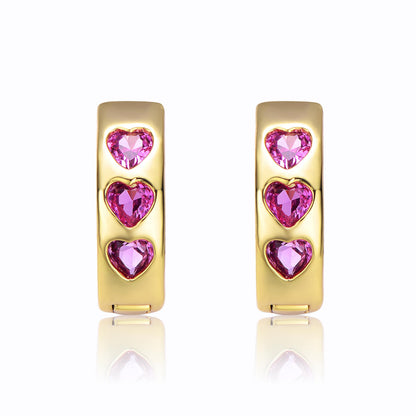 Kids/Teens 14k Yellow Gold Plated with Heart Pink Cubic Zirconia Triple Stone Round Hoop Earrings
