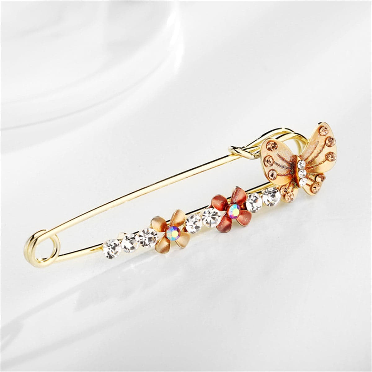 Cubic Zirconia & Enamel Goldtone Butterfly Flower Pin Brooch