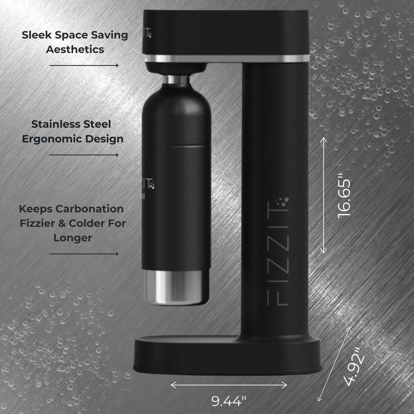 Black Fizzit Spärklï Stainless Steel Sparkling Water Maker with 2 CO2 Cylinders & 1L Reusable Bottle – Soda Streaming Machine Carbonated Water Maker for Home – No Electricity Needed, Dishwasher Safe