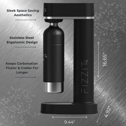 Black Fizzit Spärklï Stainless Steel Sparkling Water Maker with 2 CO2 Cylinders & 1L Reusable Bottle – Soda Streaming Machine Carbonated Water Maker for Home – No Electricity Needed, Dishwasher Safe
