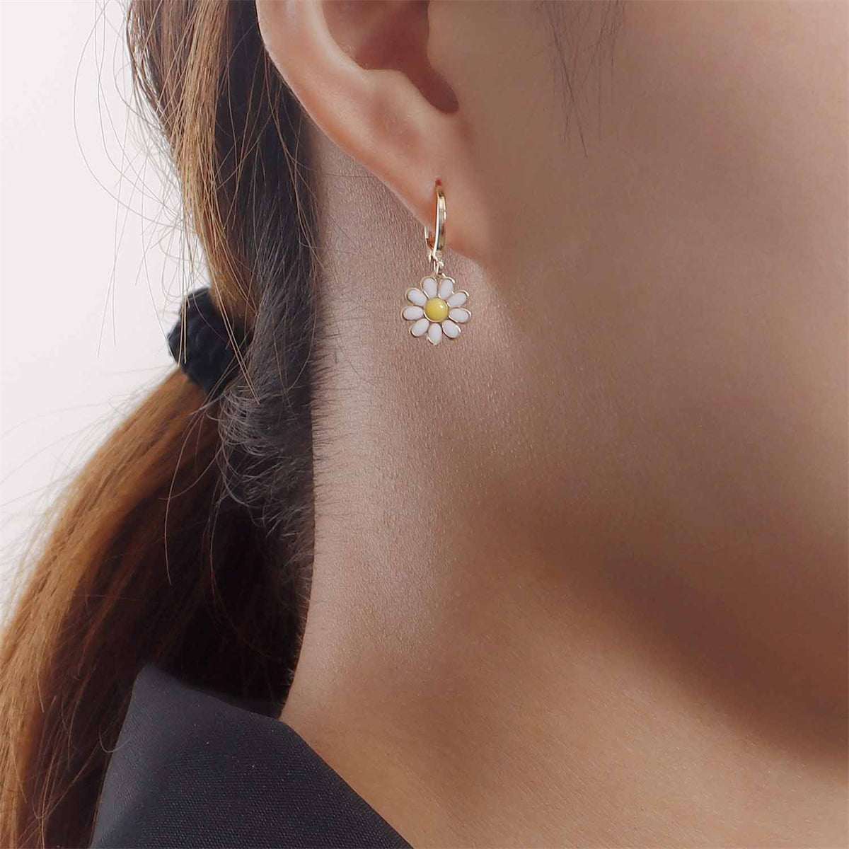White Enamel & Goldtone Daisies Huggie Earrings