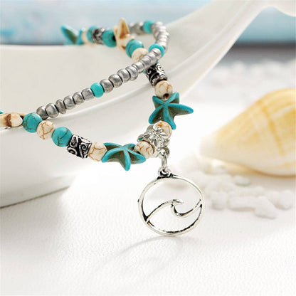 Turquoise & Silvertone Beaded Wave Layered Anklet