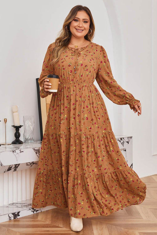 Charleigh Sleeve Tiered Maxi PLUS Dress - Brown / 1X - 14W-16W