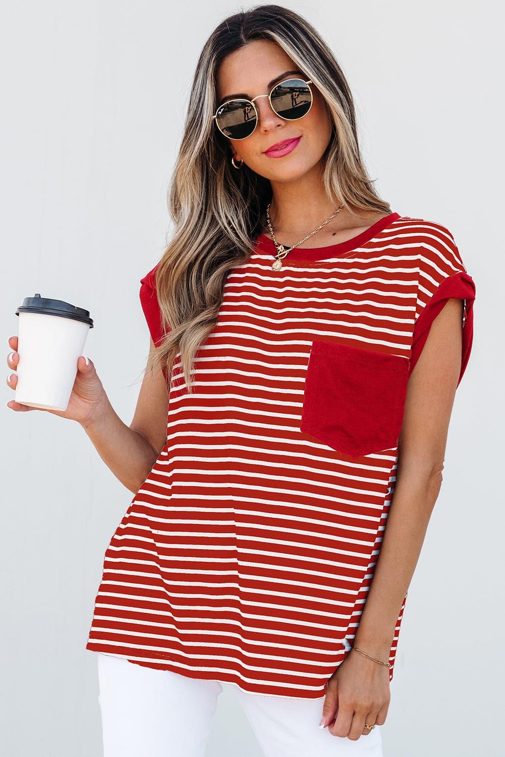 Annika Stripe Round Neck Tank Top - Red Stripe / M - 8/10