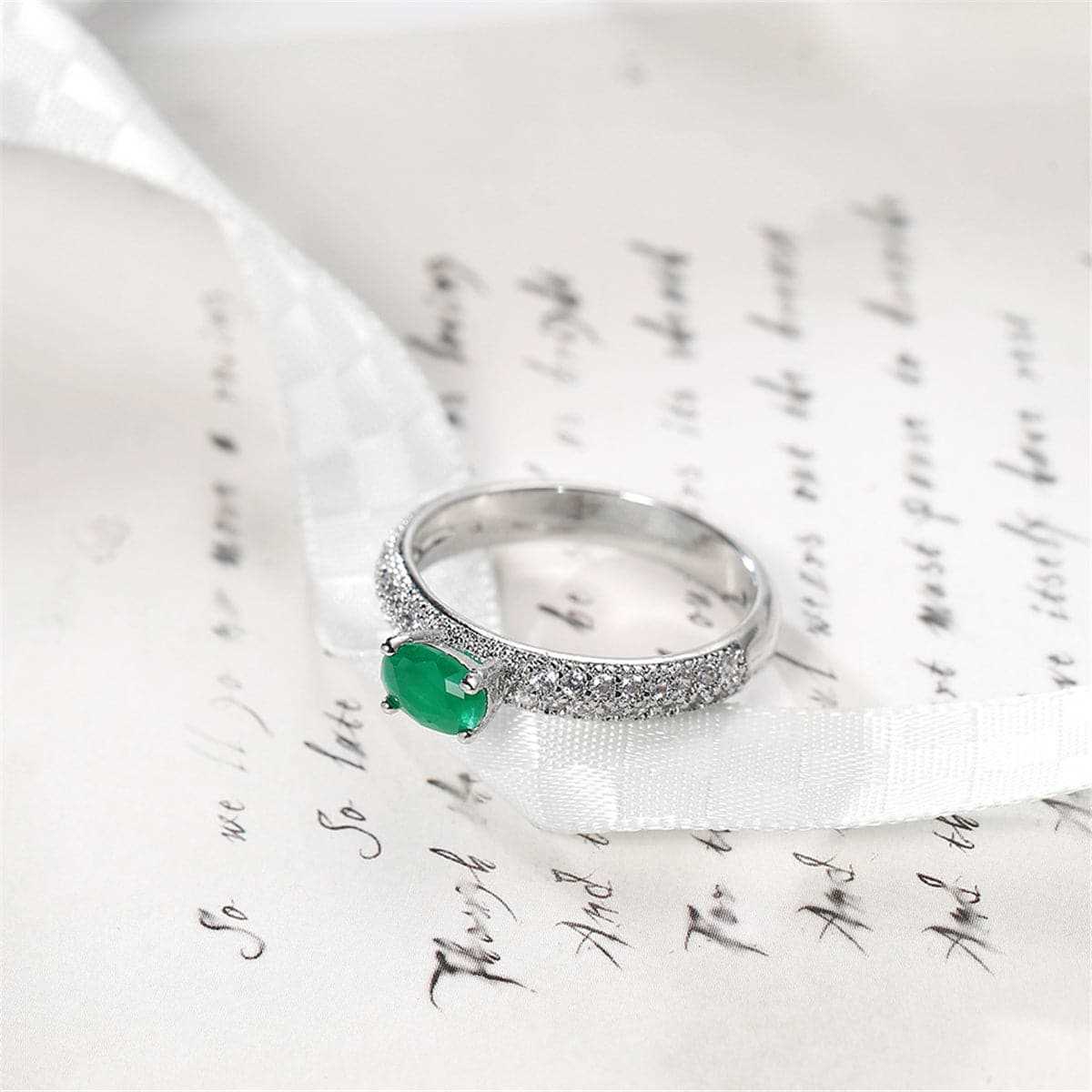 Green Cubic Zirconia & Silvertone Oval Ring